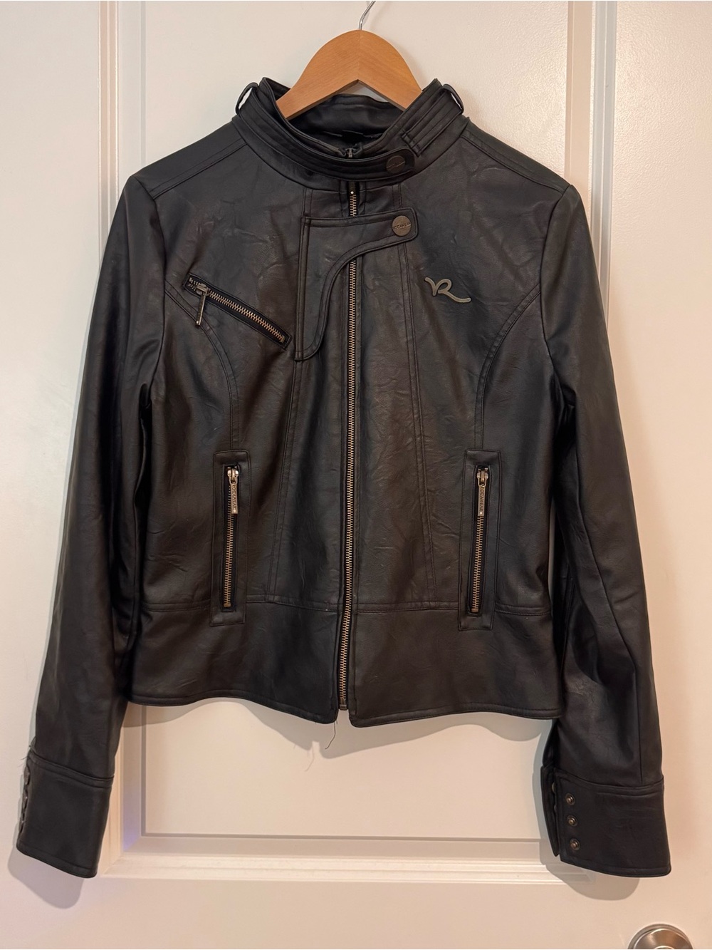 Y2K Rocawear Vegan Leather Biker Moto Jacket Womens Sz Med Black Rocker
